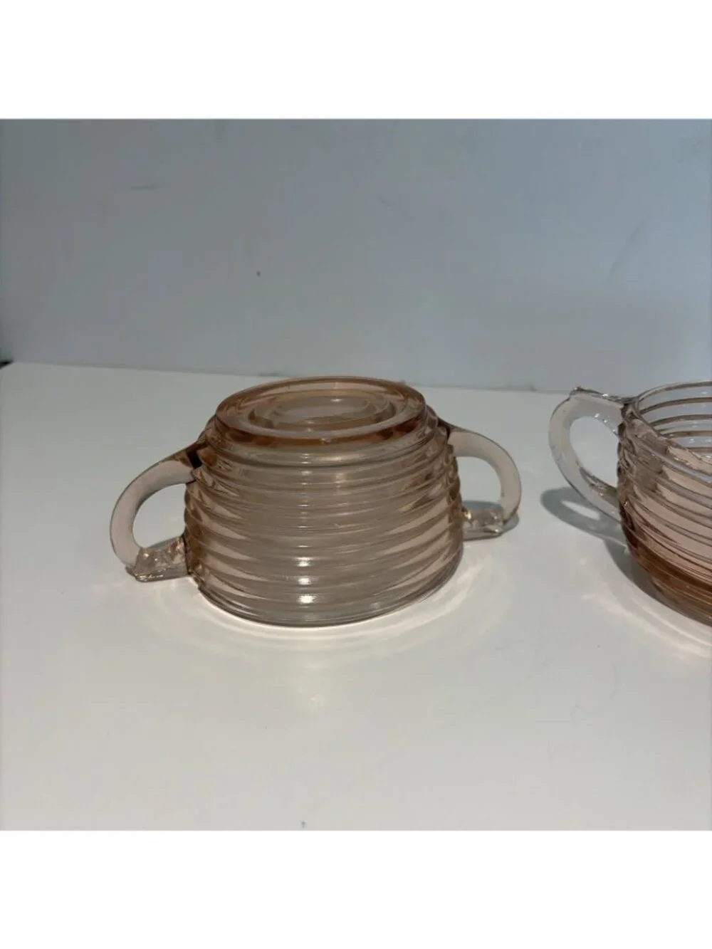 2 VTG Anchor Hocking Manhattan Double Handle Bowls Pink Depression Glass 1930s